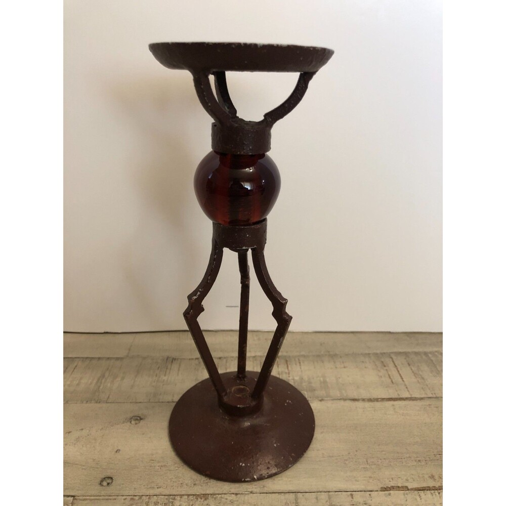 Brutalist Gothic Candle Holder Cast Iron With Amber Glass Ball Sphere 10 in 1970